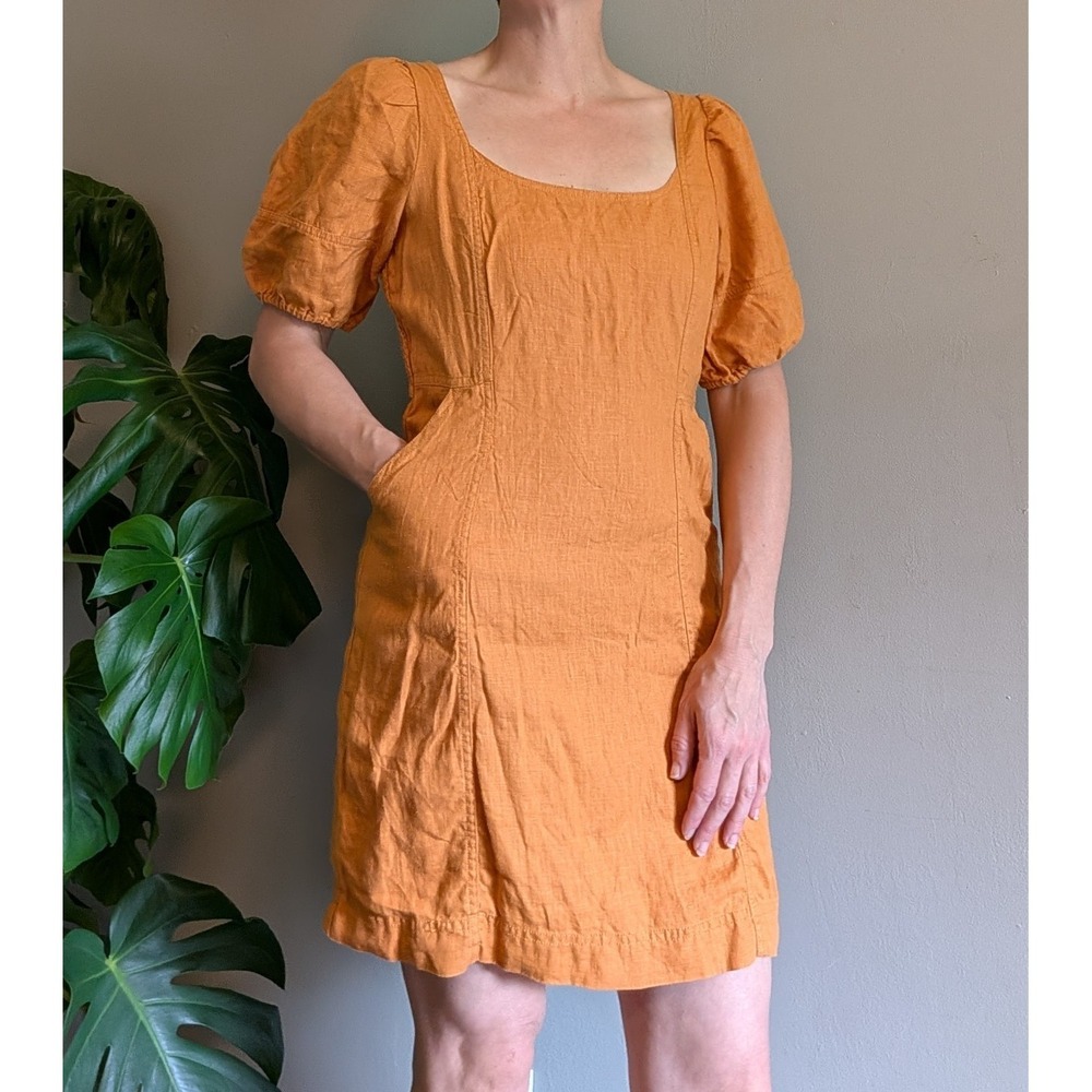 Madewell Linen Mini Dress Size 4 Mustard Yellow Maisie Summer Boho Peasant Chic